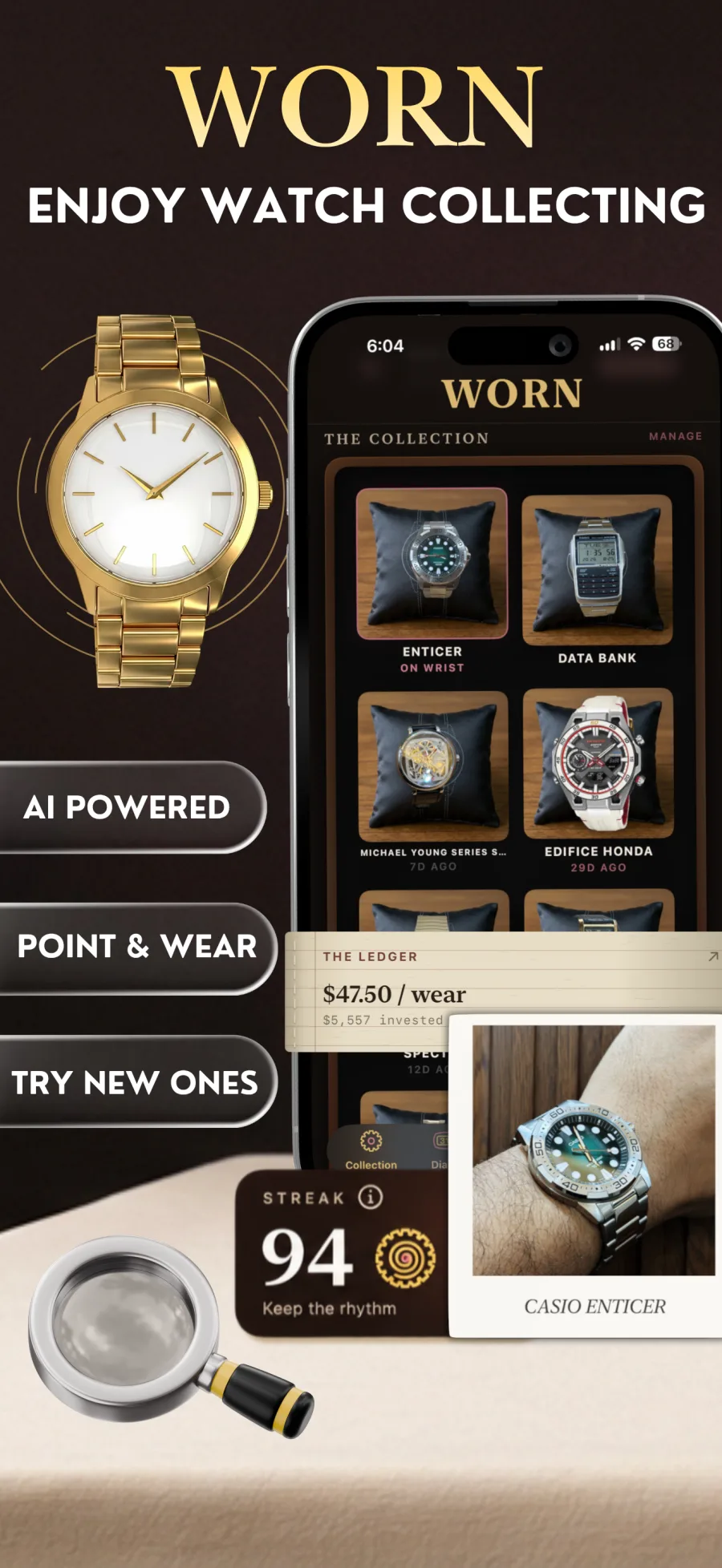 WORN 2.1: the collection box with each watch on its own cushion, the cost-per-wear ledger, a 94-day streak and a Point & Wear print