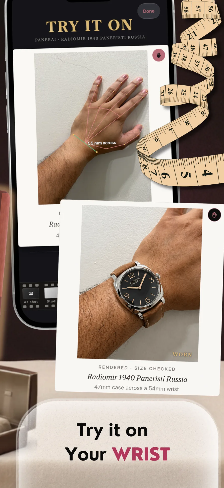 Try it on: a wrist measured at 55 mm across, then a Panerai Radiomir rendered on that wrist as an instant print, size checked