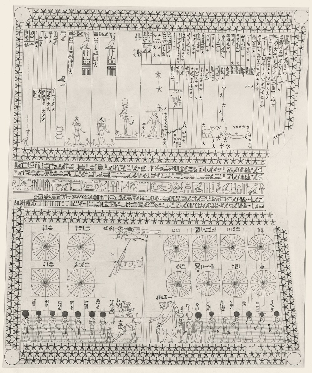 Line drawing of an Egyptian astronomical ceiling framed by rows of stars. In the upper panel, columns of hieroglyphs and stars name the decans, and figures stand in boats among stars; below, bands of hieroglyphs; in the lower panel, a bull among other figures, twelve large circles and a procession of gods.