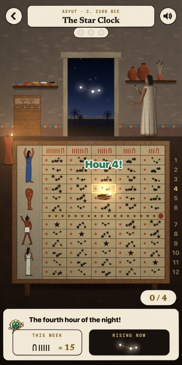 A frame from the WORN chapter The Star Clock: a coffin lid painted with a star table lies on trestles in a lamplit workshop; through the doorway a group of stars rises over the night hills, and the lamp glows on the matching box, in week 15, as the game calls out Hour 4.