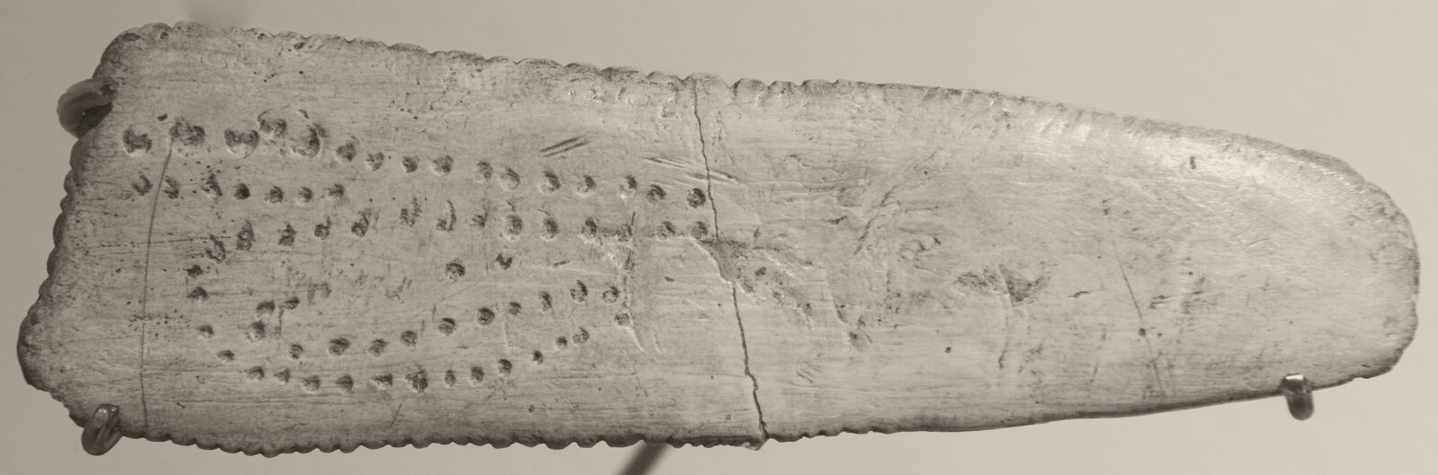 A flat, tapering bone plaque on a museum mount, its left half covered in a winding band of small round pits.