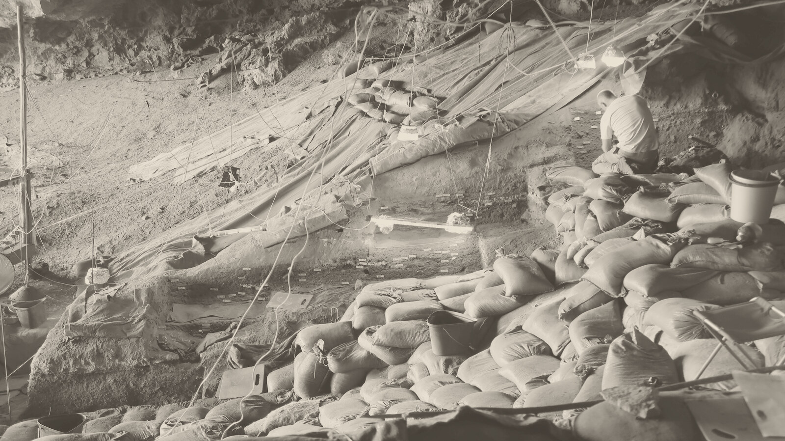 Inside Border Cave during excavation: a lit trench cut into layered deposits, its walls dotted with small labels, framed by stacked sandbags, with an excavator kneeling at the back.