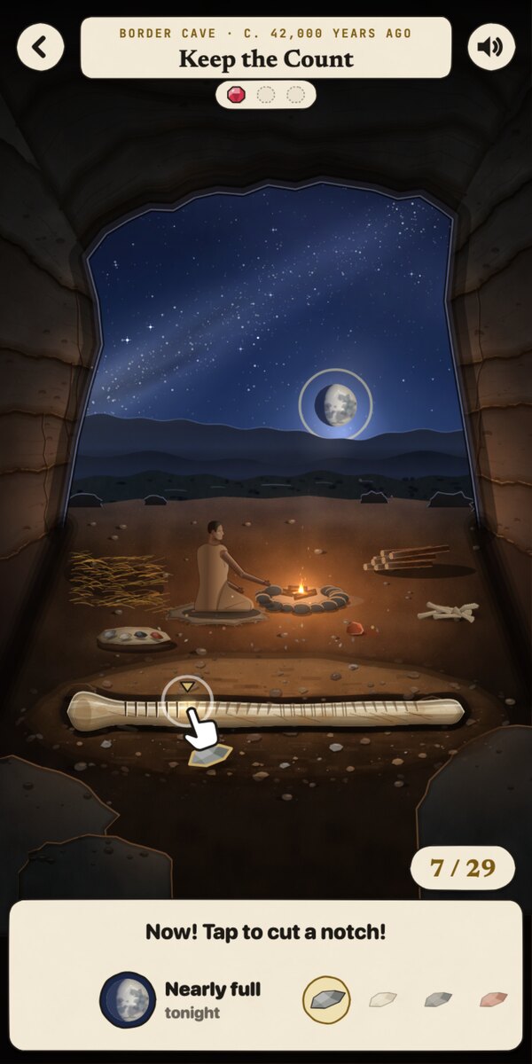 A frame from the WORN chapter Keep the Count: from inside a cave at night, a nearly full moon has just cleared the far hills; in the foreground a bone lies in the dirt with its first notches cut, and the prompt reads Now! Tap to cut a notch!