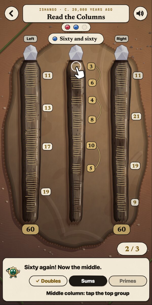 A frame from the WORN chapter Read the Columns: the bone shown from three sides as three dark columns of notches, each group labelled with its count; the two outer columns are added up to 60 each, and the middle column is next.