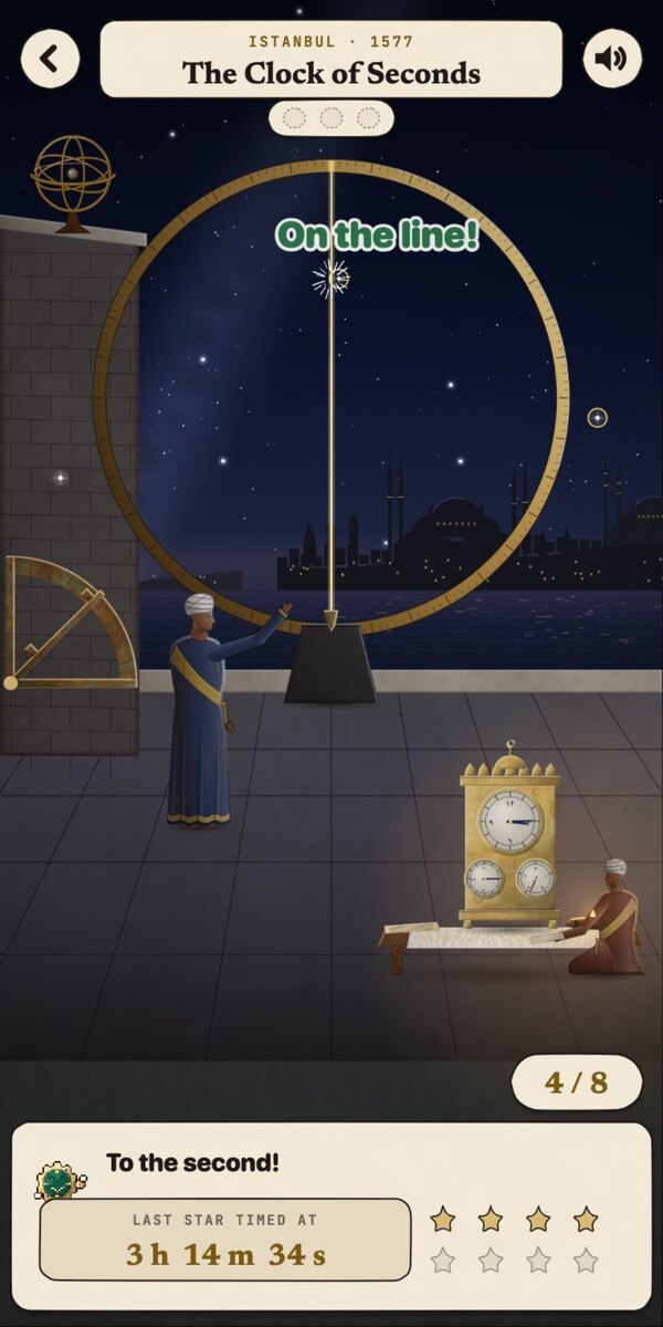A frame from the WORN chapter The Clock of Seconds: at night on the observatory terrace, a star touches a cord hung inside a great brass ring and is ringed in gold; below, the three-dial clock sits on a table, and a card reads the time the last star was timed, in hours, minutes and seconds.