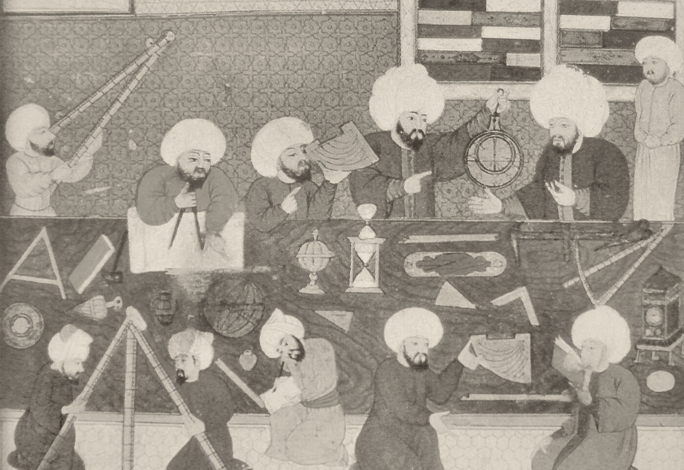Ottoman miniature of astronomers at work in the Istanbul observatory: turbaned scholars sit and stand around a long table covered with instruments, one sights along a long rod, one holds up a ring of brass, and at the right edge a small clock stands on a stand.