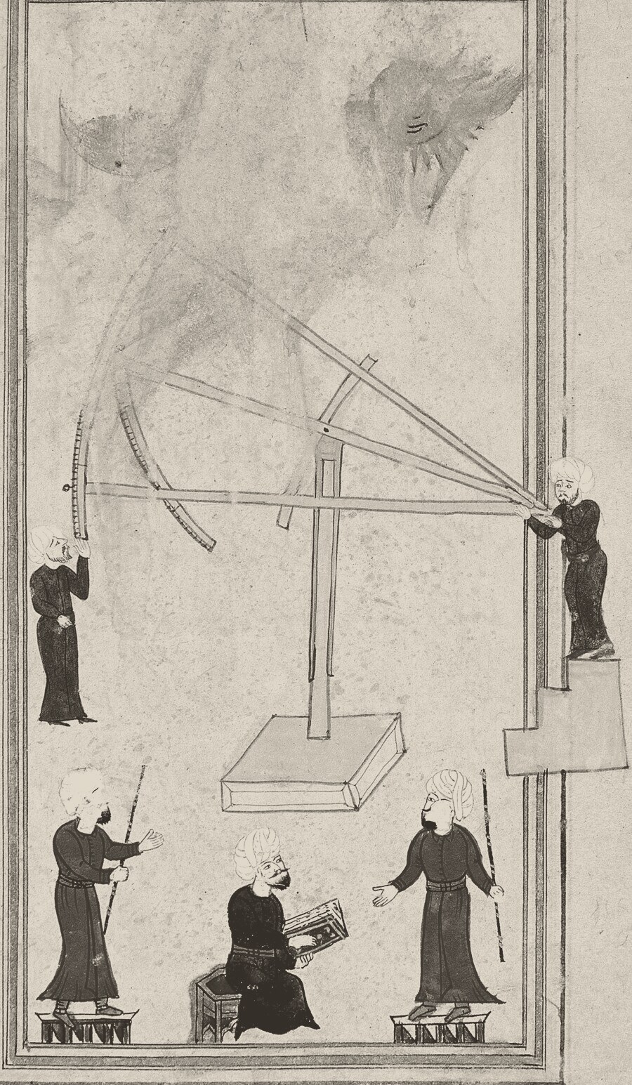 Manuscript painting of a large wooden frame on a square base, with long arms and a curved, graduated arc. One turbaned man sights along an arm from a step at the right, another stands by the arc at the left, and three men stand and sit below, one reading from a book. A sun and a crescent moon are faintly drawn in the sky.