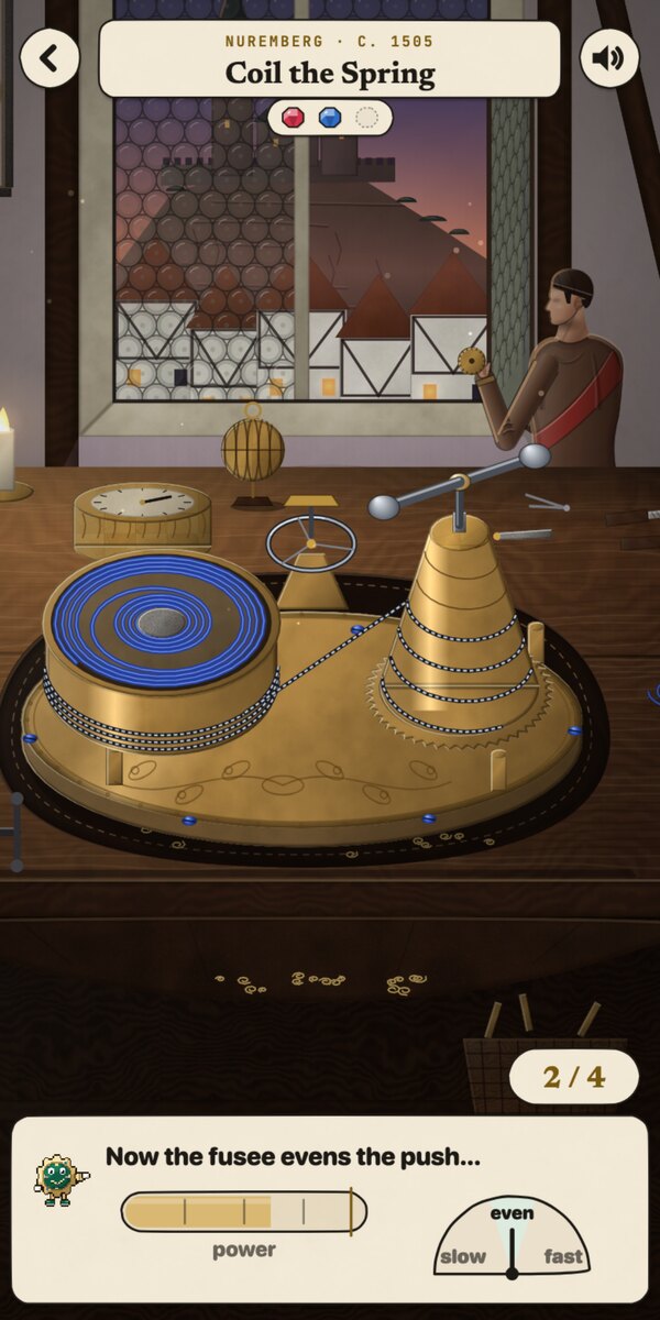 A frame from the WORN chapter Coil the Spring: on a workbench by a window over Nuremberg, a drum-shaped barrel shows its blue coiled spring, and a chain runs from it to a golden cone, the fusee; below, the power bar is half full and the rate gauge points to even.