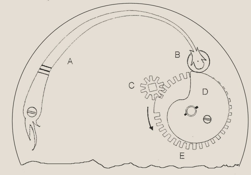 Line drawing of the back of an early watch movement: a long curved spring arm, labelled A, runs round the edge and ends in a roller, B, that presses on a snail-shaped cam, D, fixed to a toothed wheel, E, turned by a small pinion, C.