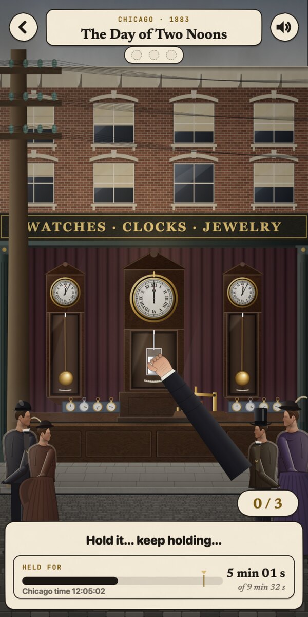 A frame from the WORN chapter The Day of Two Noons: a Chicago jeweller's window with three regulator clocks; a hand holds the pendulum of the big middle clock, stopped at noon, while people watch from the pavement, and a bar below reads held for 5 min 01 s of 9 min 32 s.