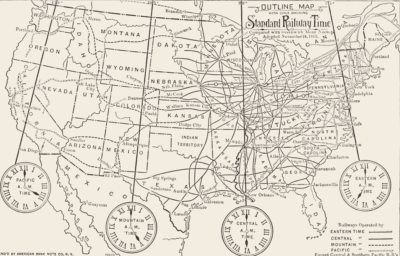 Engraved outline map of the United States titled Standard Railway Time, adopted November 18, 1883: railroad lines cross the country, four meridian lines divide it into zones, and a clock dial hangs from the foot of each line, labelled Pacific, Mountain, Central and Eastern time.