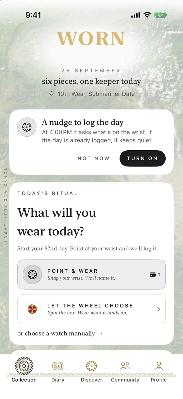The WORN Collection page: today's ritual, asking what you will wear today, with Point & Wear and a spinning wheel to choose